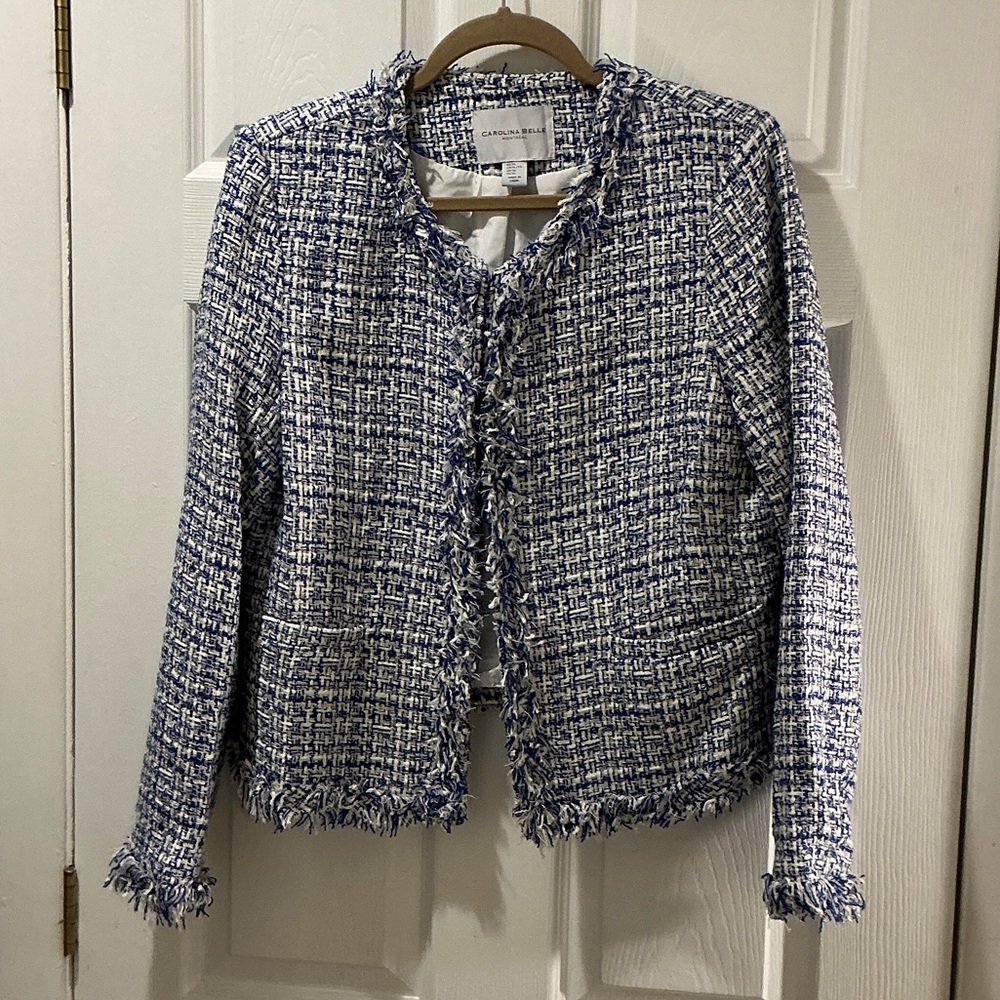 Elegant Tweed Blazer in Royal Blue and White with a Sparkly Silver Threads SZ XL